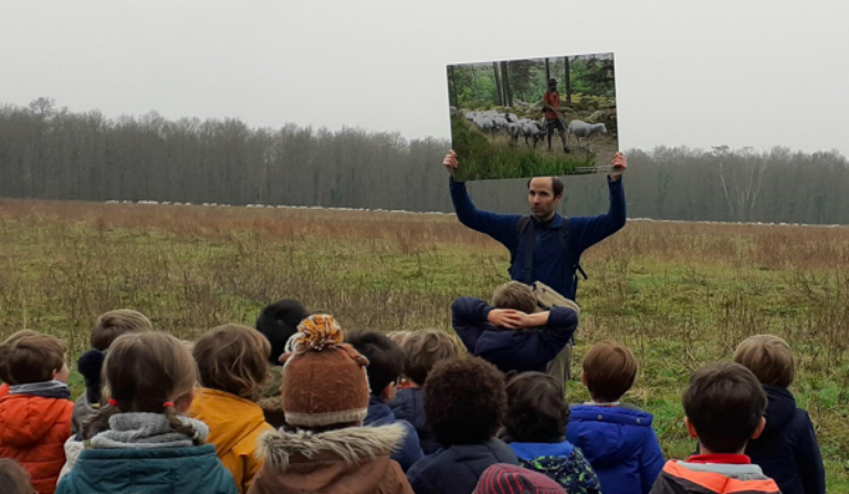 Devant un terrain en friche, avec une forêt au fond, un intervenant présente à un groupe de jeunes élèves un tableau d'un éleveur promenant un troupeau de brebis.