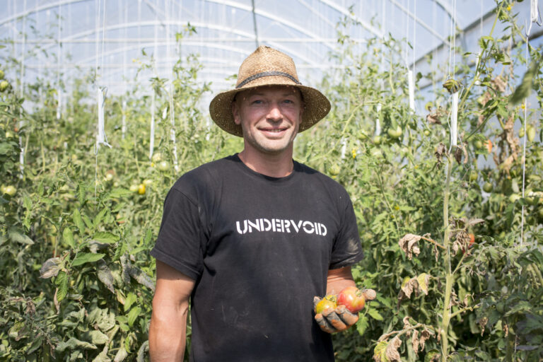 Portrait photo de Boris Canal, maraicher passé par le test d'activité. Il pose des tomates fraichement cueillies à la main, sous une serre.