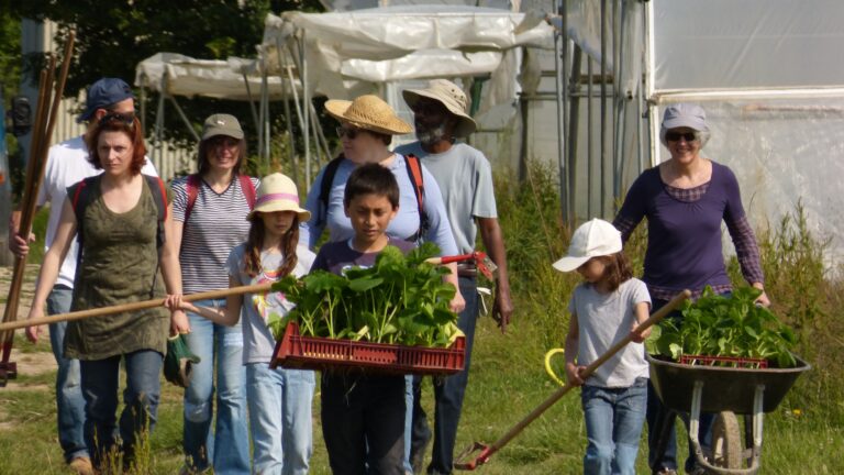 Un groupe d'adultes et d'enfants portent des outils et des plants afin de les planter lors d'un chantier participatif organisé par une AMAP.