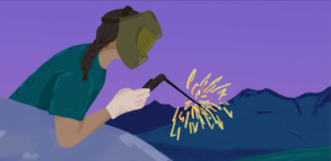 Illustration d'une jeune femme en train de souder dans un paysage abstrait de montagne.