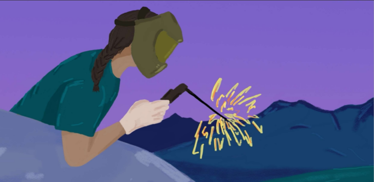 Illustration d'une jeune femme en train de souder dans un paysage abstrait de montagne.