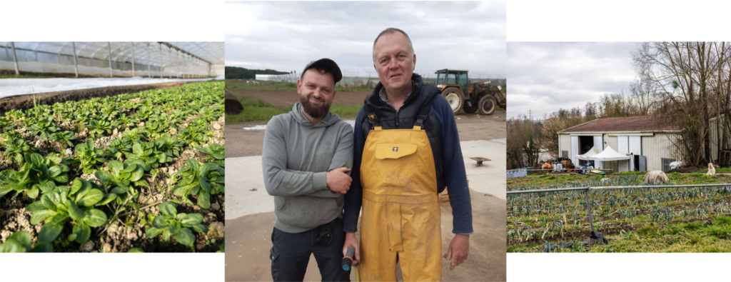 Composition de visuels de champs et d'un portrait de deux agriculteurs posant face caméra