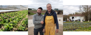 Composition de visuels de champs et d'un portrait de deux agriculteurs posant face caméra